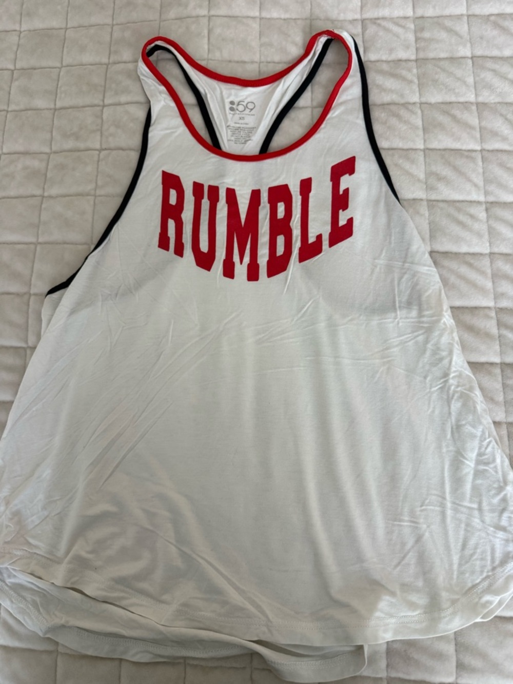 RUMBLE White Racerback Tank Top with Red Lettering